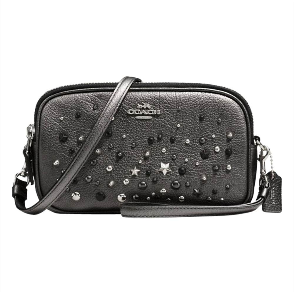 Coach Star Rivets Leather Cross Body Clutch Bag Metallic Graphite Coach Handbags